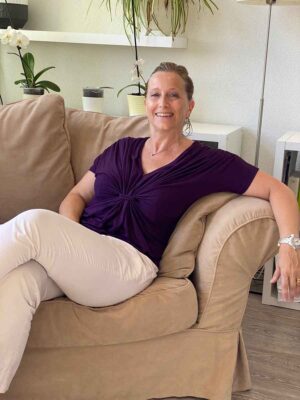 Helen Gailey relaxing with a coffee